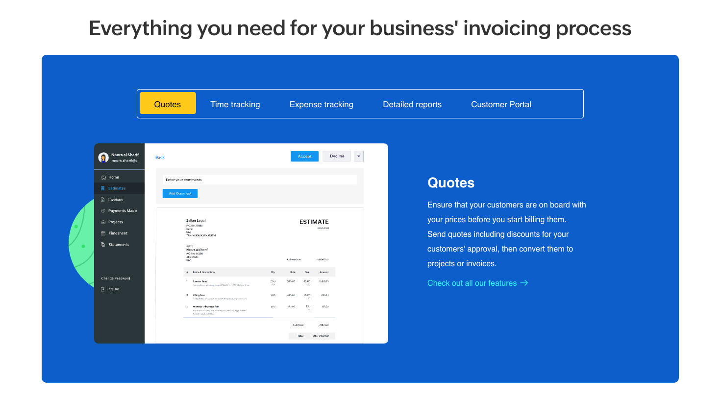 Zoho Invoice dashboard showing professional invoice template for small businesses